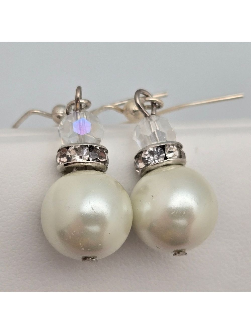 Handmade Silver-Tone Glass Faux Pearl & Rhinestone Drop Earrings